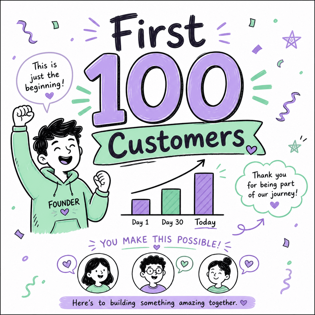Doodle version of How We Got Our First 100 Customers